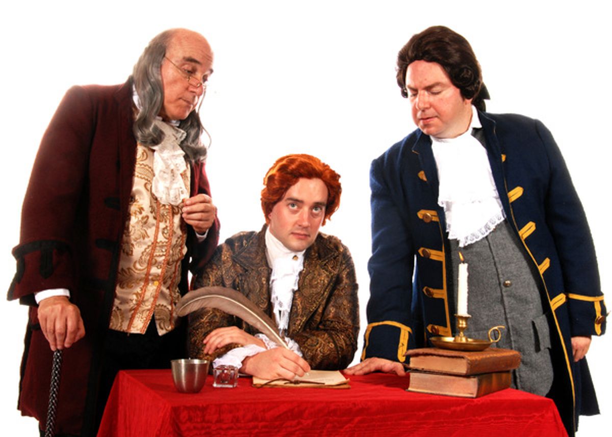Pictured (left to right): Mark Pierce as Benjamin Franklin, Adam Elliott Davis as Thomas Jefferson, and Darius Pierce as John Adams in the Tony award-winning musical 1776. Photo by Triumph Photography. Performances are September 9 - October 16, 2016 at La at 