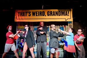 (left to right) Barrel of Monkeys company members Caleb Probst, Zoe Schwartz, Bradford Stevens, Brandon Cloyd, Katie Suib and Tai Palmgren perform â€"It Was a Normal Day in America†in THAT’S WEIRD, GRANDMA: It Came from the Voting Booth, directed by @ BroadwayWorld (left to right) Barrel of Monkeys company members Caleb Probst, Zoe Schwartz, Bradfor Photo