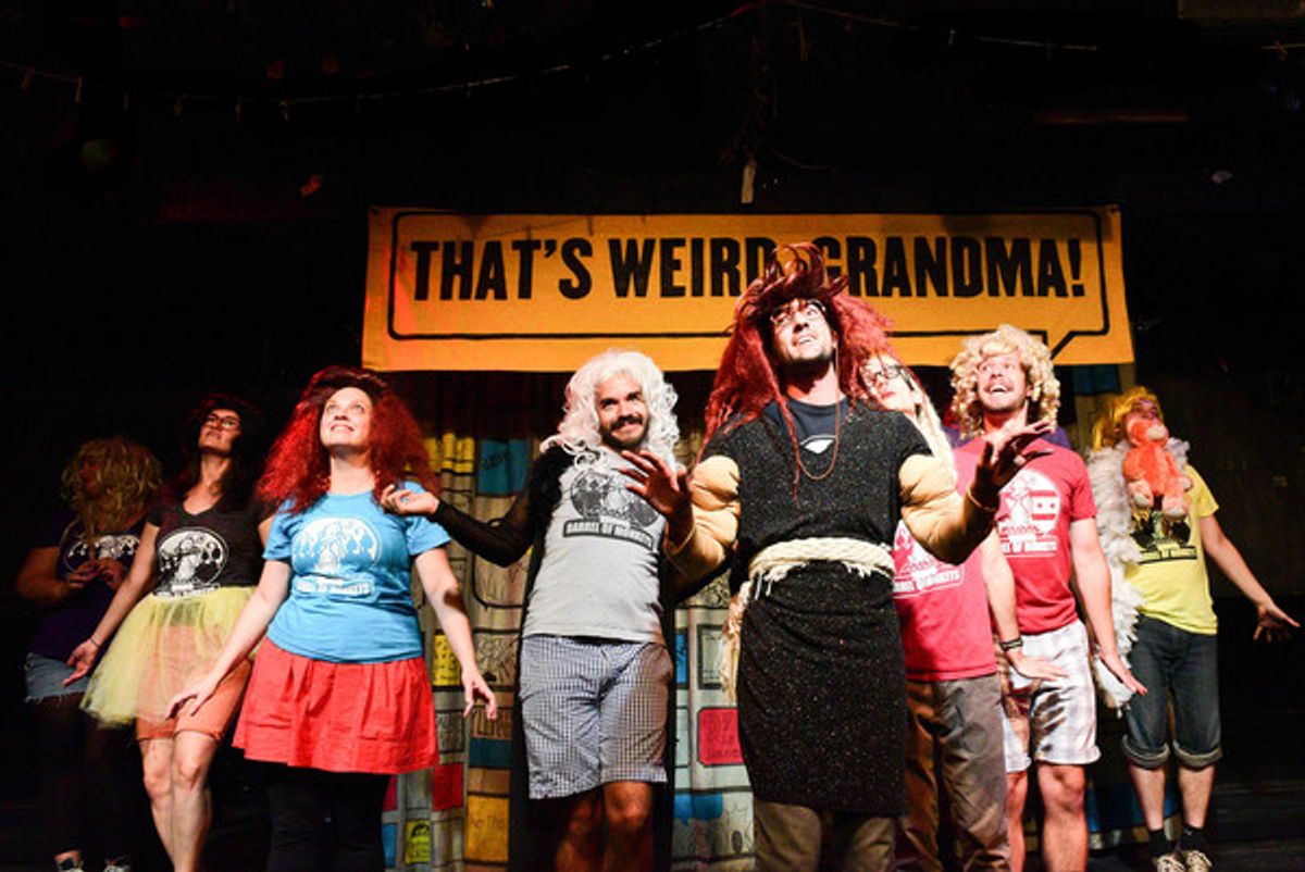 (left to right) Barrel of Monkeys company members Kassi Bleifuss, Zoe Schwartz, Katie Suib, Brandon Cloyd, Nick Hart (center), Tai Palmgren, Caleb Probst and Kurt Chiang perform â€"The Ten Diamonds & Sistersâ€ in THATâ€™S WEIRD, GRANDMA: It Came from the at 