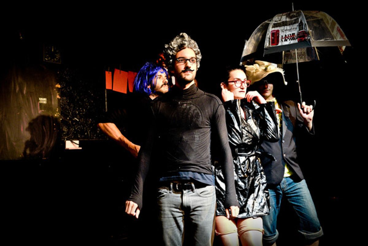 (left to right) Barrel of Monkeys company members Brandon Cloyd, Nick Hart, Zoe Schwartz and Kurt Chiang perform â€"Lady Spyâ€ in THATâ€™S WEIRD, GRANDMA: It Came from the Voting Booth, directed by Joseph Schupbach. Photo by Evan Hanover. at 
