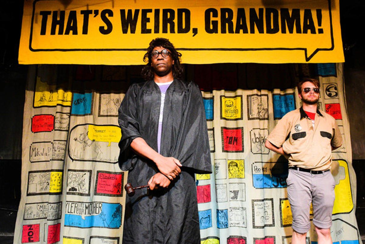 (left to right) Barrel of Monkeys company members Bradford Stevens and Spencer Meeks perform â€"The Day a Monkey Slapped My Cousinâ€ in THATâ€™S WEIRD, GRANDMA: It Came from the Voting Booth, directed by Joseph Schupbach. Photo by Evan Hanover. at 