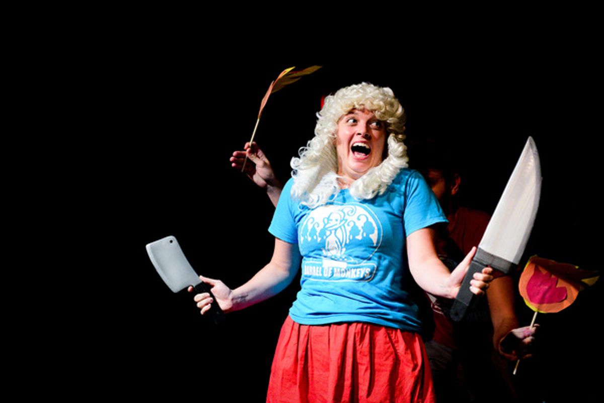 (left to right) Barrel of Monkeys company member Katie Suib performs â€"Pirate Time/Creepzy Queen Victoria!â€ in THATâ€™S WEIRD, GRANDMA: It Came from the Voting Booth, directed by Joseph Schupbach. Photo by Evan Hanover. at 