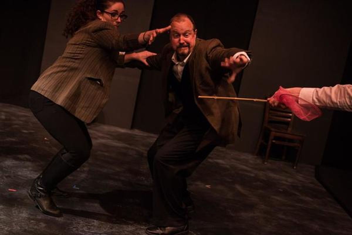 (L to R) KAYLA CRAWFORD (Dr. Watson), GARY CHAMBERS (Sir Henry) and JACOB TICE'S HAND (Stapleton) from the Lakewood Playhouse Production of 'The 3 Person Comedic HOUND OF THE BASKERVILLES' at 