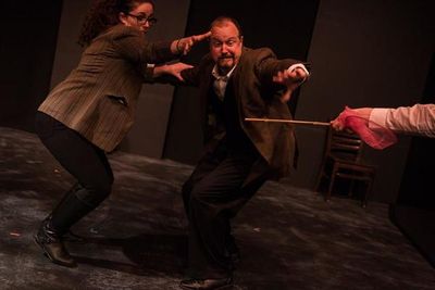 (L to R) KAYLA CRAWFORD (Dr. Watson), GARY CHAMBERS (Sir Henry) and JACOB TICE'S HAND Photo