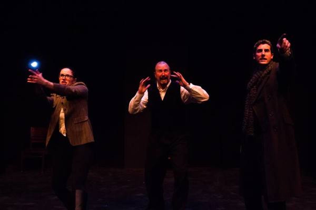 (L to R) KAYLA CRAWFORD (Dr. Watson), GARY CHAMBERS (Sir Henry) and JACOB TICE (Sherlock Holmes) from the Lakewood Playhouse Production of 'The 3 Person Comedic HOUND OF THE BASKERVILLES' at 