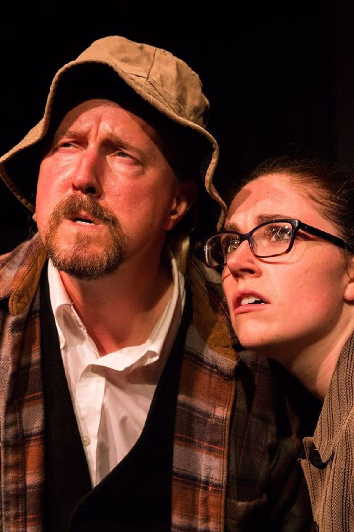 (L to R) GARY CHAMBERS (as a Yokel) and KAYLA CRAWFORD (Dr. Watson) from the Lakewood Playhouse Production of 'The 3 Person Comedic HOUND OF THE BASKERVILLES' at 
