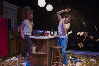 left to right) Joseph Wiens and Kevin Viol in Shattered Globe Theatreâ€™s produc Photo