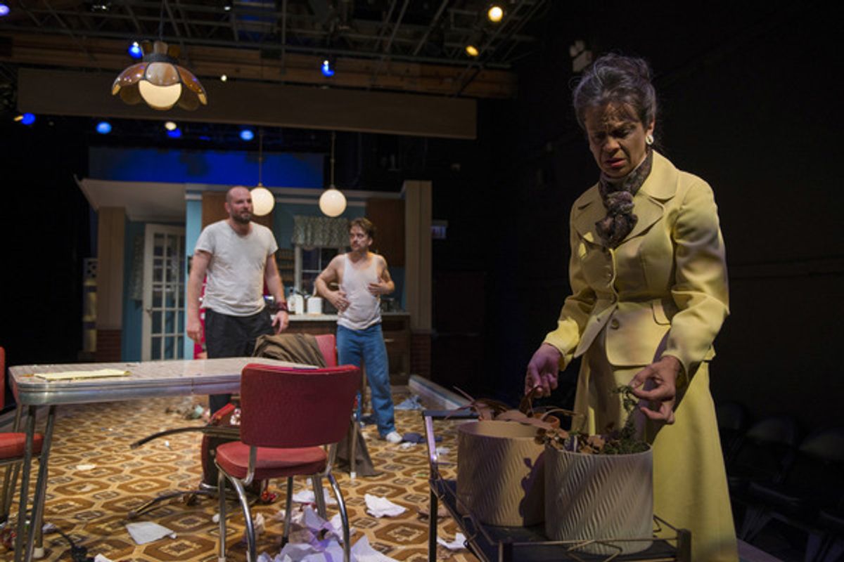 (left to right) Joseph Wiens, Kevin Viol and Rebecca Jordan in Shattered Globe Theatreâ€™s production of TRUE WEST by Sam Shepard, directed by James Yost. Photo by Michael Brosilow. at 