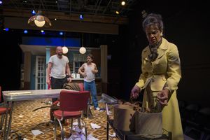 (left to right) Joseph Wiens, Kevin Viol and Rebecca Jordan in Shattered Globe Theatr Photo