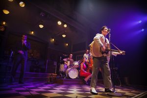 Sam Phillips (Luke Darnell) recounts his first meeting with the soon-to-be-star, Elvis Presley (Luke Linsteadt) @ BroadwayWorld Sam Phillips (Luke Darnell) recounts his first meeting with the soon-to-be-star, Elvi Photo