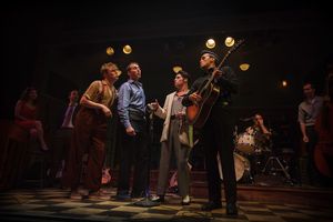 Jerry Lee Lewis (Noel Carey), Carl Perkins (James Bock), Elvis Presley (Luke Linsteadt), and Johnny Cash (Justin Figueroa) harmonize to 'Down by the Riverside' @ BroadwayWorld Jerry Lee Lewis (Noel Carey), Carl Perkins (James Bock), Elvis Presley (Luke Linstead Photo