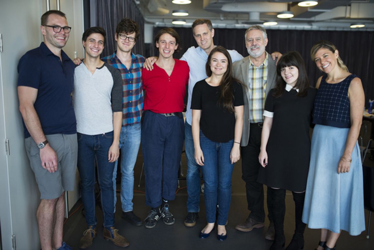 Playwright Samuel D. Hunter. Gideon Glick, Peter Mark Kendall, Christopher Sears, director Davis McCallum, Leah Karpel, Scott Jaeck, Madeline Martin, Zoe Winters at 