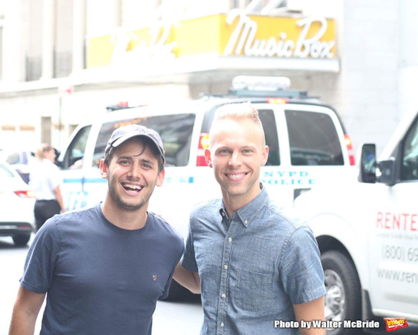 FREEZE FRAME: Benj Pasek and Justin Paul with DEAR EVAN HANSEN Broadway Marquee Image