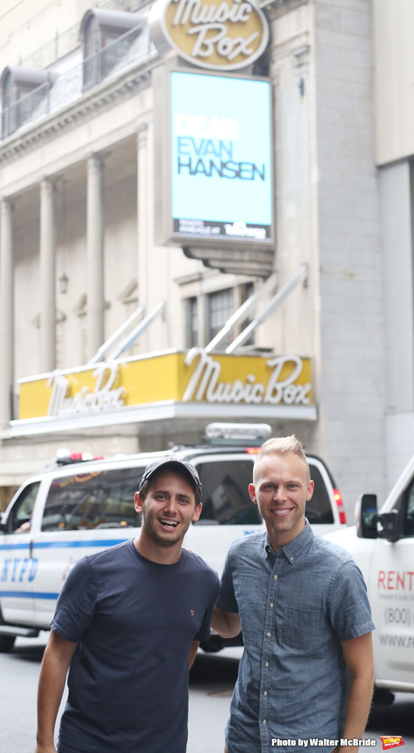 FREEZE FRAME: Benj Pasek and Justin Paul with DEAR EVAN HANSEN Broadway Marquee Image