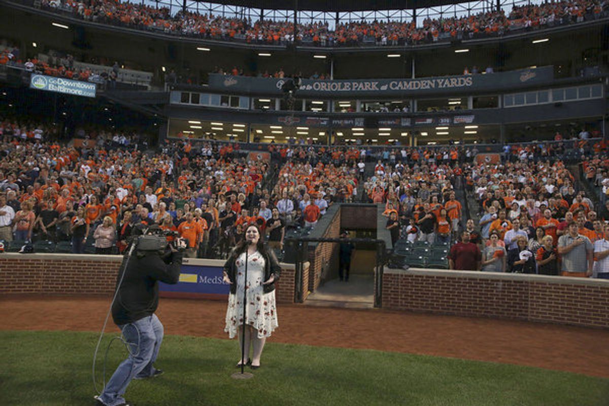 HAIRSPRAY LIVE! -- 'Saturday, Sep. 17, 2016 ? ?Hairspray Live!? star Maddie Baillio performs the National Anthem at Camden Yards in Baltimore, MD, before the Baltimore Orioles game' -- Pictured: Maddie Baillio -- (Photo by: Todd Olszewski/Baltimore Oriole at 