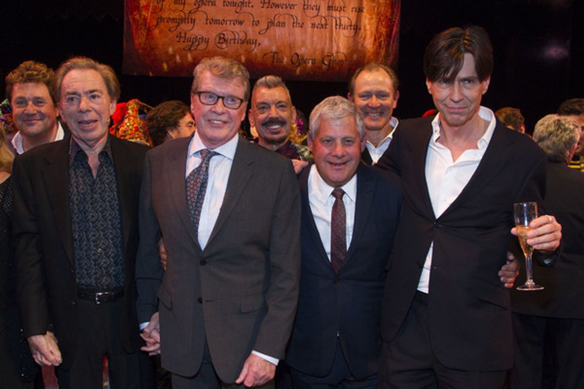 Michael Ball, Andrew Lloyd Webber, Michael Crawford, Cameron Mackintosh and Charles Hart backstage at 
