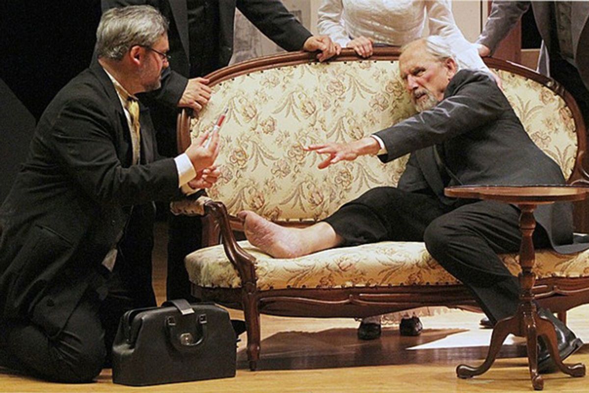 After years of negotiation, Trentonâ€™s John Roebling is awarded the contract to build the Brooklyn Bridge â€“ a project he will not live to see to fruition. Pictured are Rob Lanchaster as John Roebling and Kevin Hallam as his doctor. Theater to Go presen at 