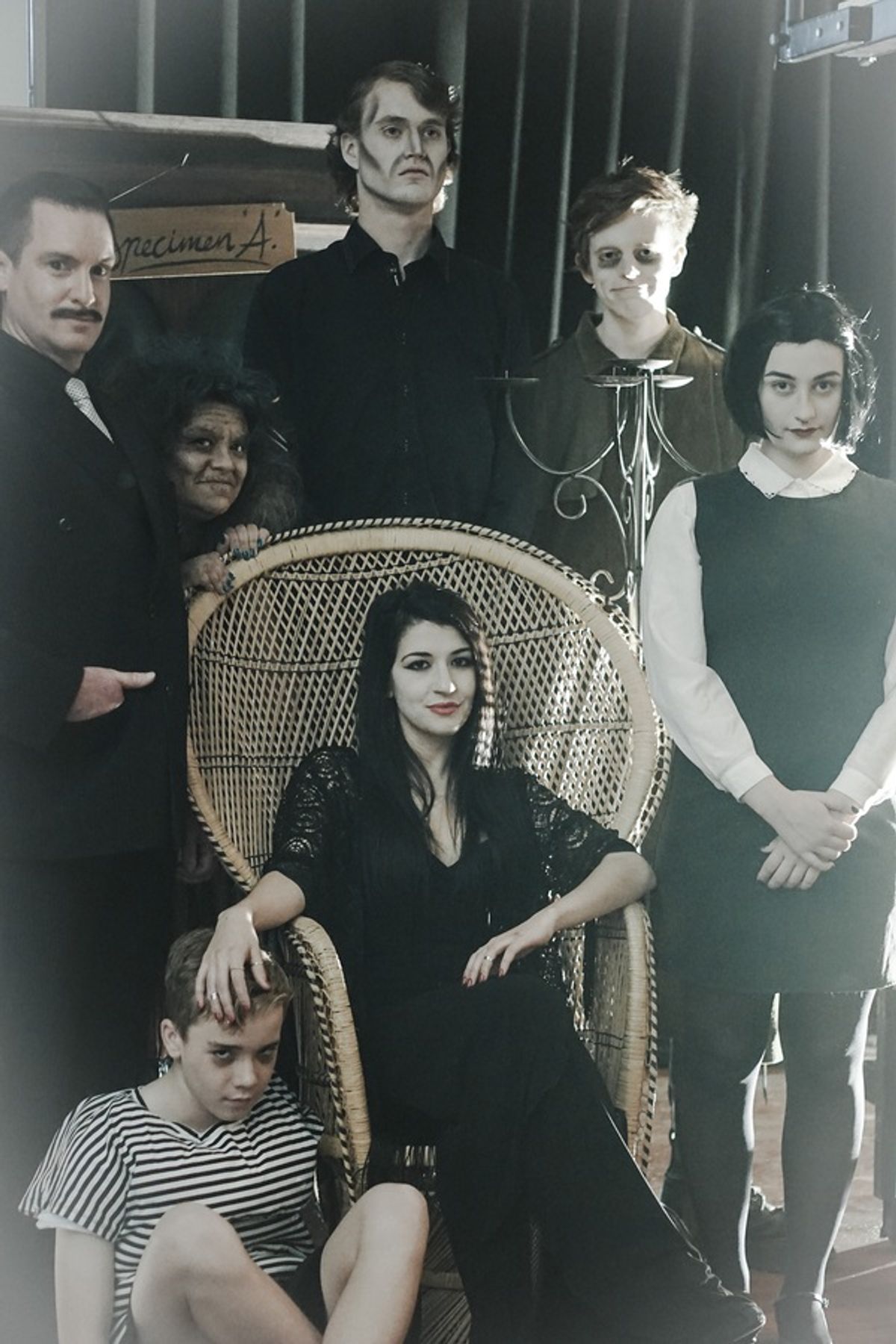 The Addams Family featrures Paul Reed, left, as Gomez, Ruby Reye (Grandma), Charlie Martin (Pugsley), Declan Roden (Lurch), Holly Denton (Morticia), Callum Siegmund (Uncle Fester) and Olivia McGavock (Wednesday). Picture: Bethsaida Ellayne
 at 