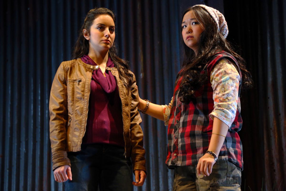 L to R: Rebekah Berger (Juana) and Pearl Matteson (Sin Fin) in NUEVO CALIFORNIA by Bernardo Solano and Allan Havis onstage in Connecticut Repertory Theatreâ€™s Studio Theatre October 27-November 6, 2016.  Info at crt.uconn.edu or 860-486-4799.  Photo by G at 