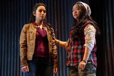 L to R: Rebekah Berger (Juana) and Pearl Matteson (Sin Fin) in NUEVO CALIFORNIA by Be Photo