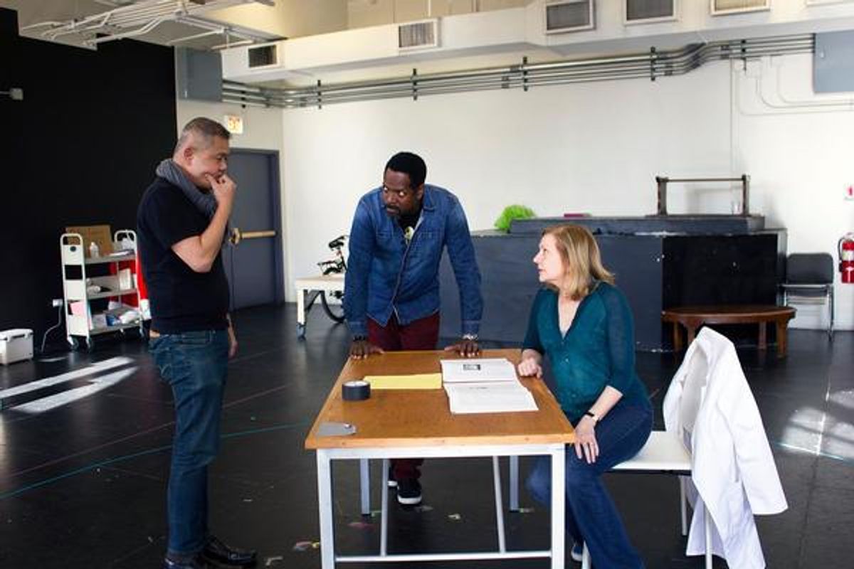 Artistic Director Chay Yew with James Vincent Meredith as Ray Leon and Mary Beth Fisher as Dr. Roz Kagan at 