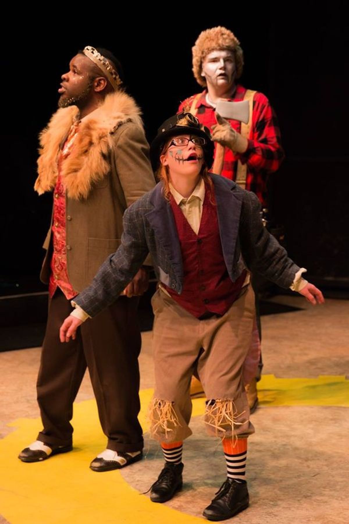 (L to R) TONY L. WILLIAMS (Lion), KATHERINE MAHONEY (Scarecrow) and ANDREW REDFORD (Tin Man) from the Lakewood Institute of Theatre / Lakewood Playhouse Co-Production of 'THE WONDERFUL WIZARD OF OZ'
  at 