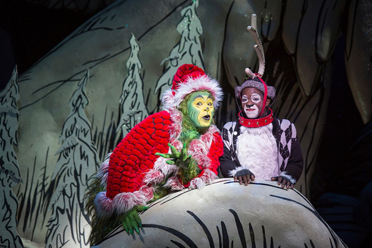 (from left) J. Bernard Calloway as The Grinch and Tyrone Davis, Jr. as Young Max in Dr. Seussâ€™ How the Grinch Stole Christmas!, directed by James VÃ¡squez, running Nov. 5 â€“ Dec. 26, 2016 at The Old Globe. Photo by Jim Cox. at 