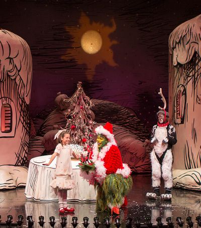 (from left) Mia Davila as Cindy-Lou Who, J. Bernard Calloway as The Grinch, and Tyron Photo