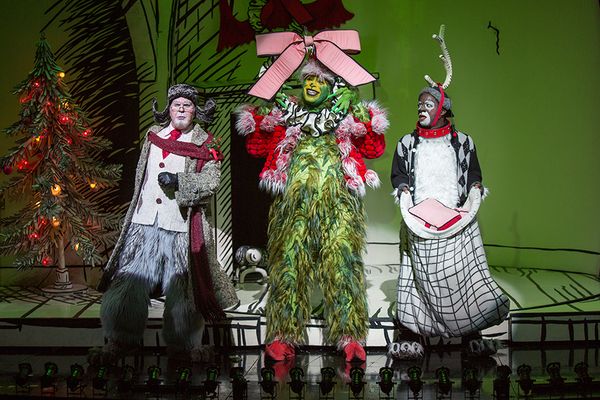 (from left) Steve Gunderson as Old Max, J. Bernard Calloway as The Grinch, and Tyrone Photo