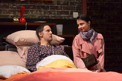 Nael Nacer and Mahira Kakkar in the Huntington Theatre Company's production of Bedroo Photo