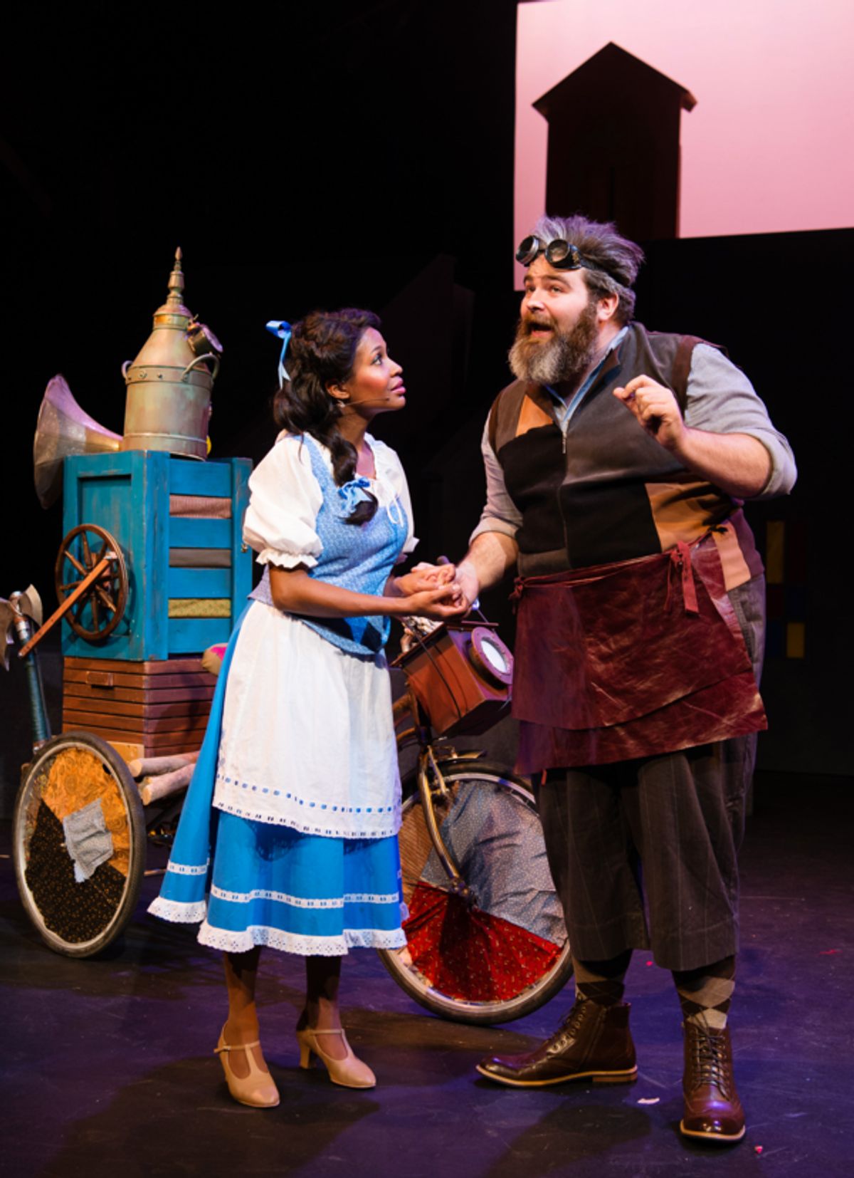 Belle (JANELLE LASALLE) encourages her inventor father, Maurice, (MATT STANDLEY) in Berkeley Playhouse's production of Disney's Beauty and the Beast, directed by Kimberly Dooley. Performing at the Julia Morgan Theater now through December 23, 2016. Photo  at 
