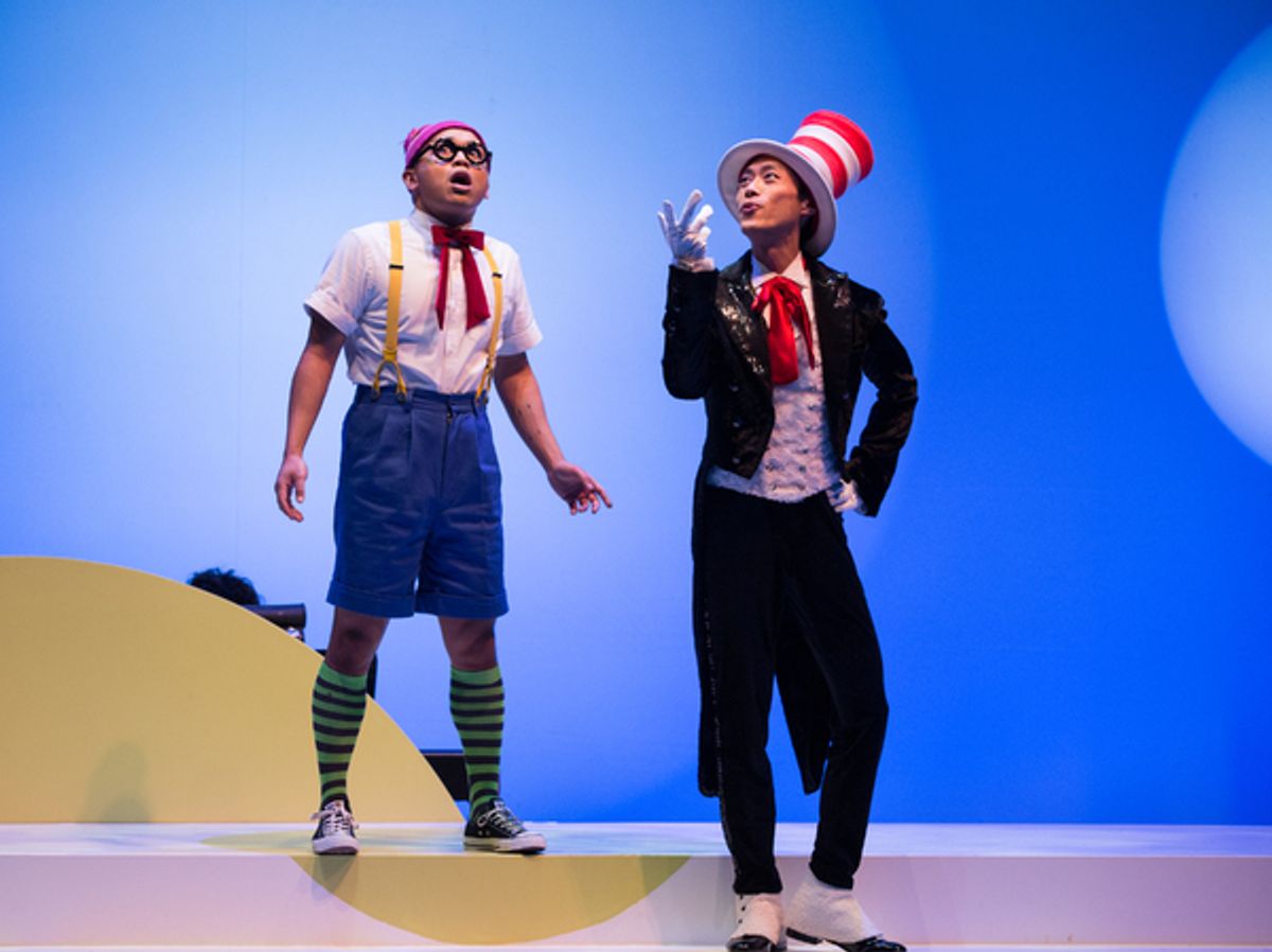 Pictured (L-R): Jeigh Madjus and Jonathan Tan in a scene from Seussicalâ„¢ at Young Peopleâ€™s Theatre; Set Design by Judith Bowden, Costume Design by Charlotte Dean, Lighting Design by Jason Hand; | Photo by Cylla von Tiedemann. at 