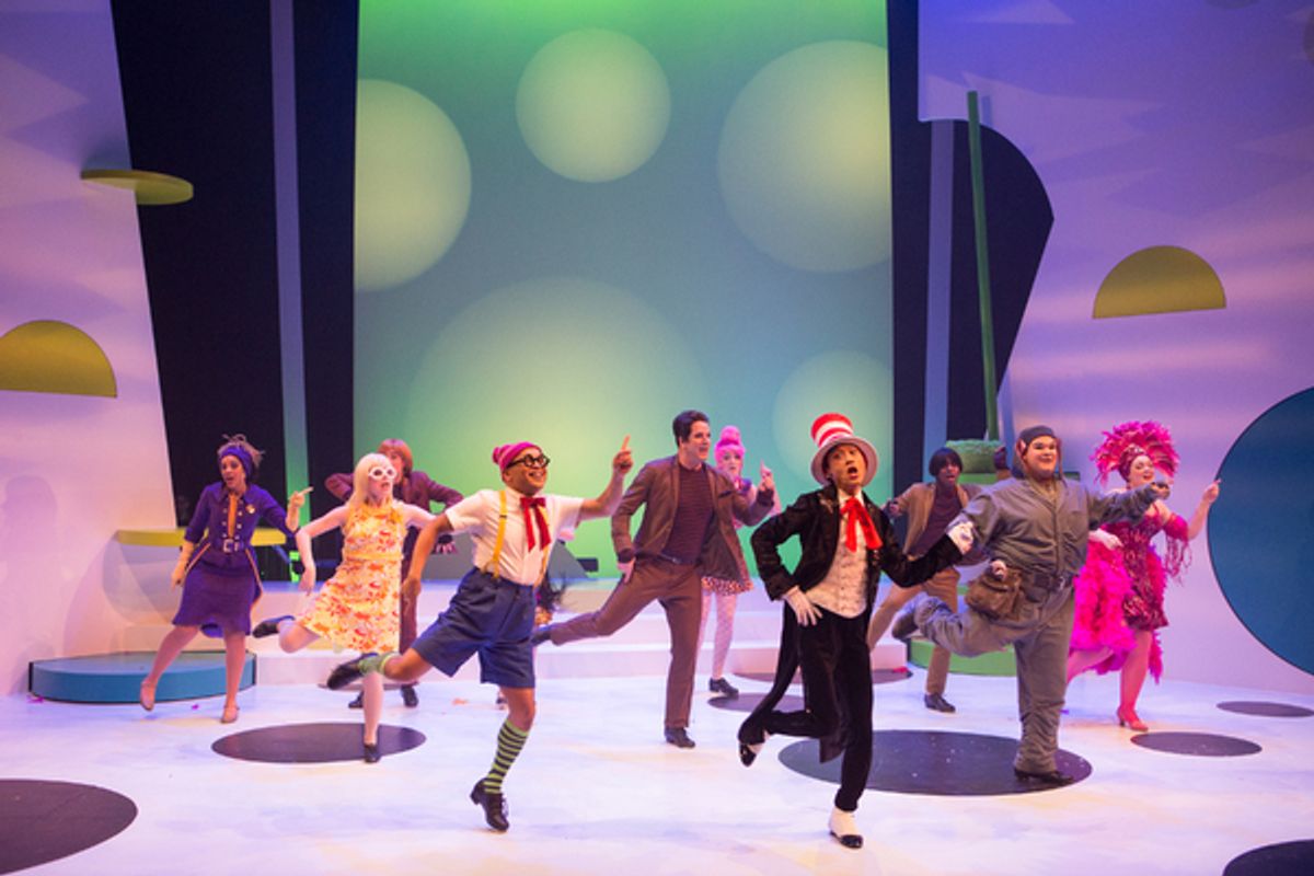 Pictured (L-R): Grace McRae, Arinea Hermans, Robert Markus, Jeigh Madjus, Mike Jackson, Claire Rouleau, Jonathan Tan, Jahlen Barnes, Jacob MacInnis and Erin Breen in a scene from Seussicalâ„¢ at Young Peopleâ€™s Theatre; Set Design by Judith Bowden, Costu at 