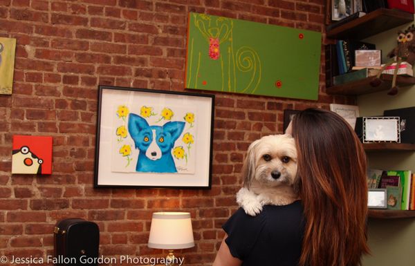 Pepper and Julia Murney in front of the Dog Wall featuring artwork by Broadway's Marc Photo