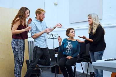 Lauren Chinery as Myrtle Wilson, Paul Tonkin, Lowri Amies, and Linnie Reedman Photo