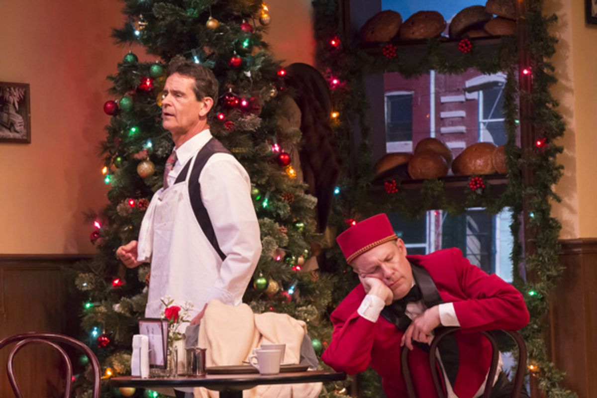 A. D. Players' resident actors Ric Hodgin and Craig Griffin star in the Houston theater company's nostalgic Christmas drama O Little Town of Bagels, Teacakes and Hamburger Buns, playing through December 23 at Grace Theater.  at 