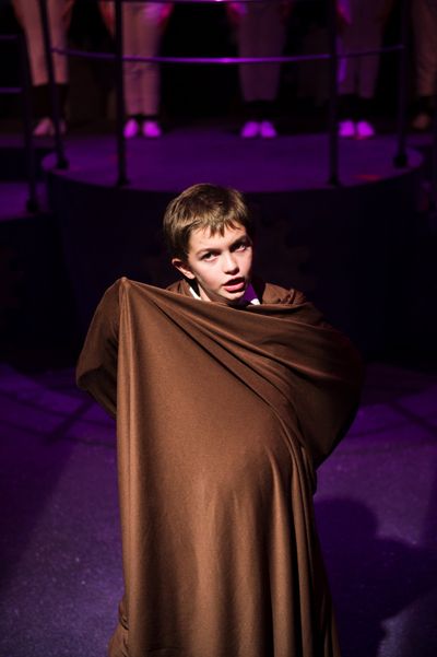 Aidan Chomicki as Augustus Gloop in Roald Dahl's Willy Wonka at NextStop Theatre. Pho Photo
