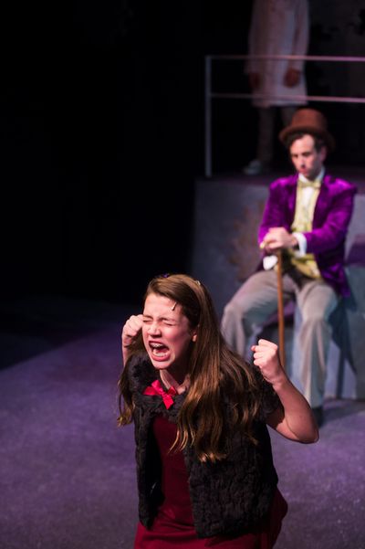 Sissy Sheridan as the show-stopping Veruca Salt with onlooking John Loughney as Willy Photo
