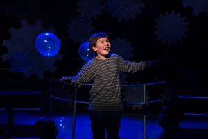 Holden Browne flying as Charlie Bucket in Roald Dahl's Willy Wonka at NextStop Theatre. Photo by Traci J. Brooks Studios. @ BroadwayWorld Holden Browne flying as Charlie Bucket in Roald Dahl's Willy Wonka at NextStop Theatr Photo
