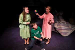 L-R: Vivian Lemons, William Price, and Jaclyn young Roald Dahl's Willy Onka at NextStop Theatre. Photo by Traci J. Brooks Studios. @ BroadwayWorld L-R: Vivian Lemons, William Price, and Jaclyn young Roald Dahl's Willy Onka at NextS Photo