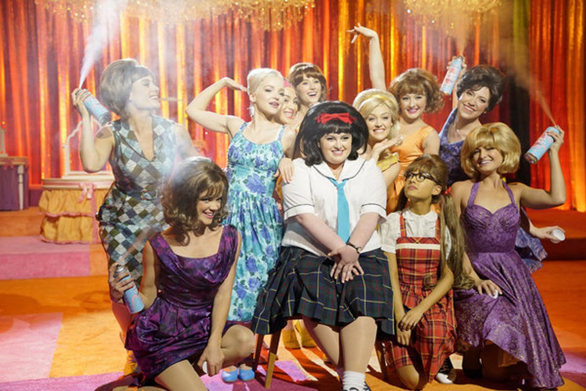 HAIRSPRAY LIVE! -- Pictured: (l-r) Dove Cameron as Amber Von Tussle, Maddie Baillio as Tracy Turnblad, Ariana Grande as Penny Pingleton -- (Photo by: Chris Haston/NBC) at 