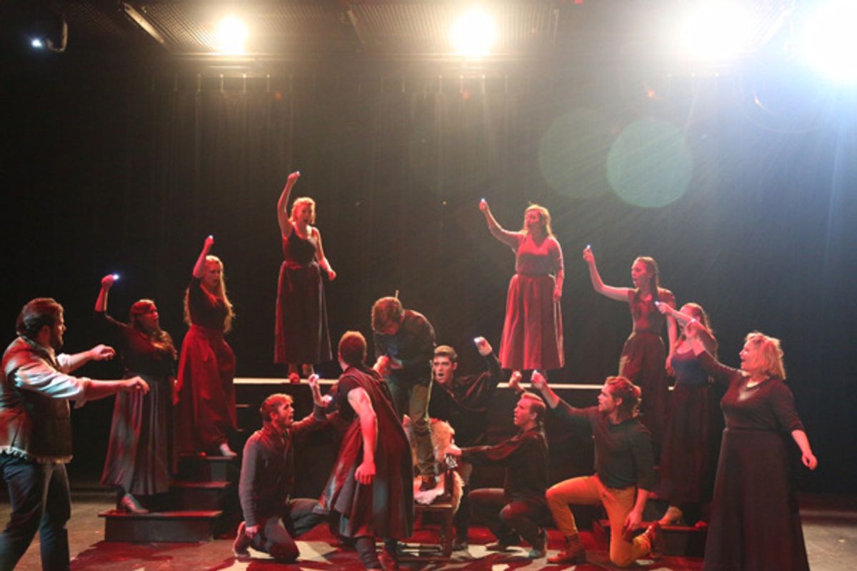 Max Higbee (Valentine), Kevin Goertzen (Traveler), Cooper Howell (Johann Faustus) and company of IN THE LIGHT workshop. at 