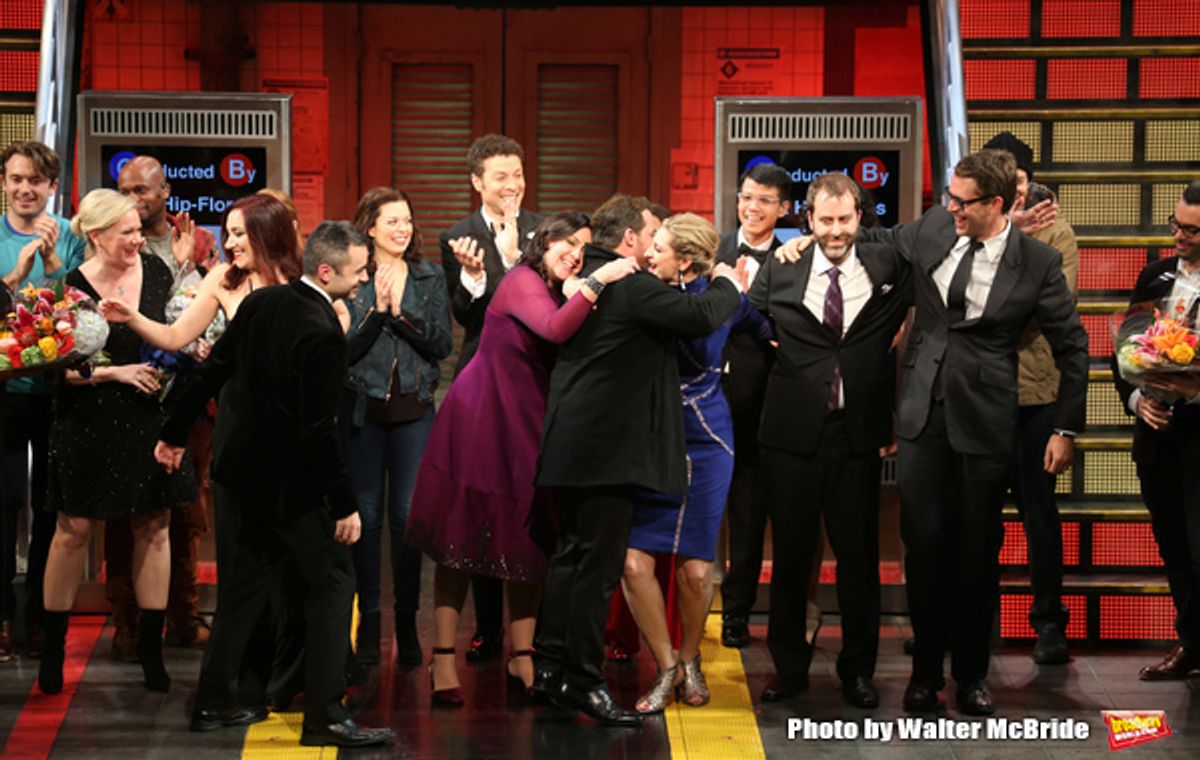 Kathleen Marshall, Kristen Anderson-Lopez,  James-Allen Ford, Sara Wordsworth, and Russ Kaplan with the cast at 