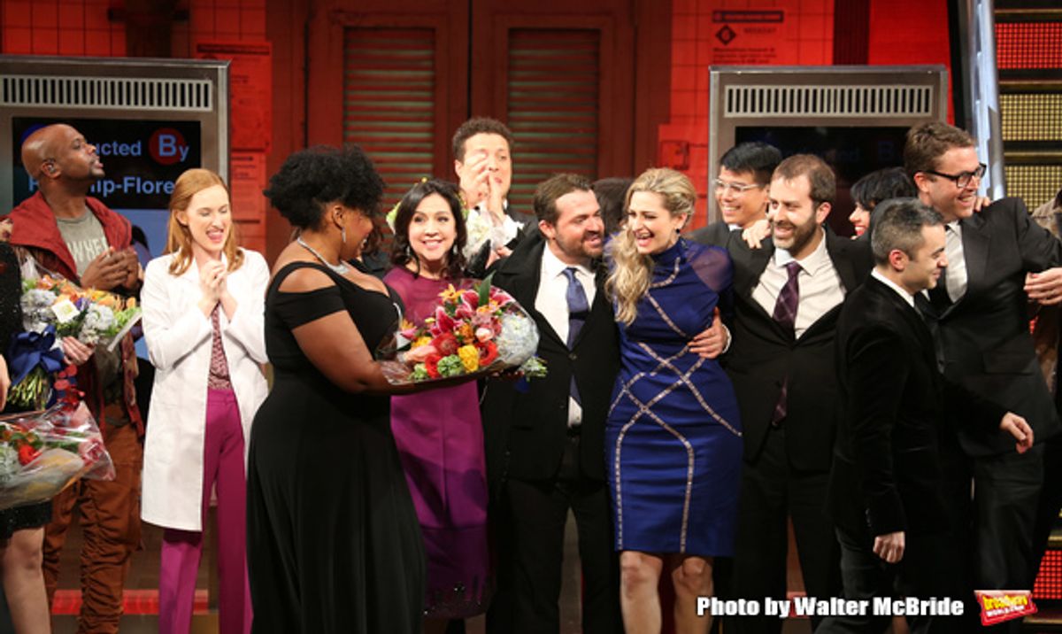 Kathleen Marshall, Kristen Anderson-Lopez,  James-Allen Ford, Sara Wordsworth, and Russ Kaplan with the cast at 