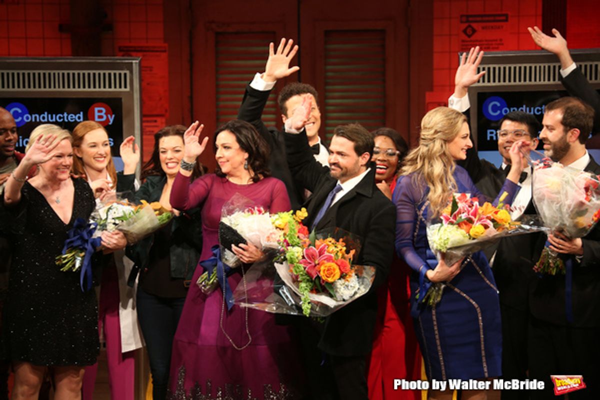 Kathleen Marshall, Kristen Anderson-Lopez,  James-Allen Ford, Sara Wordsworth, and Russ Kaplan with the cast at 