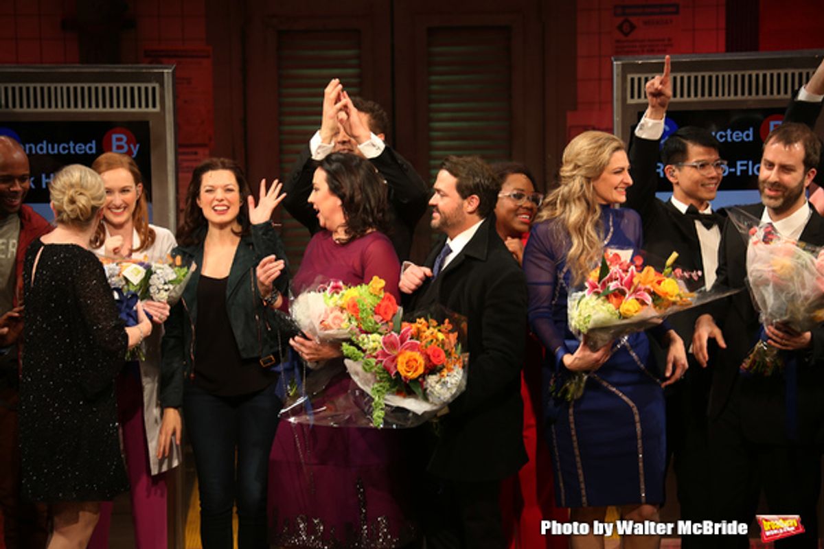 Kristen Anderson-Lopez,  James-Allen Ford, Sara Wordsworth, and Russ Kaplan with the cast  at 