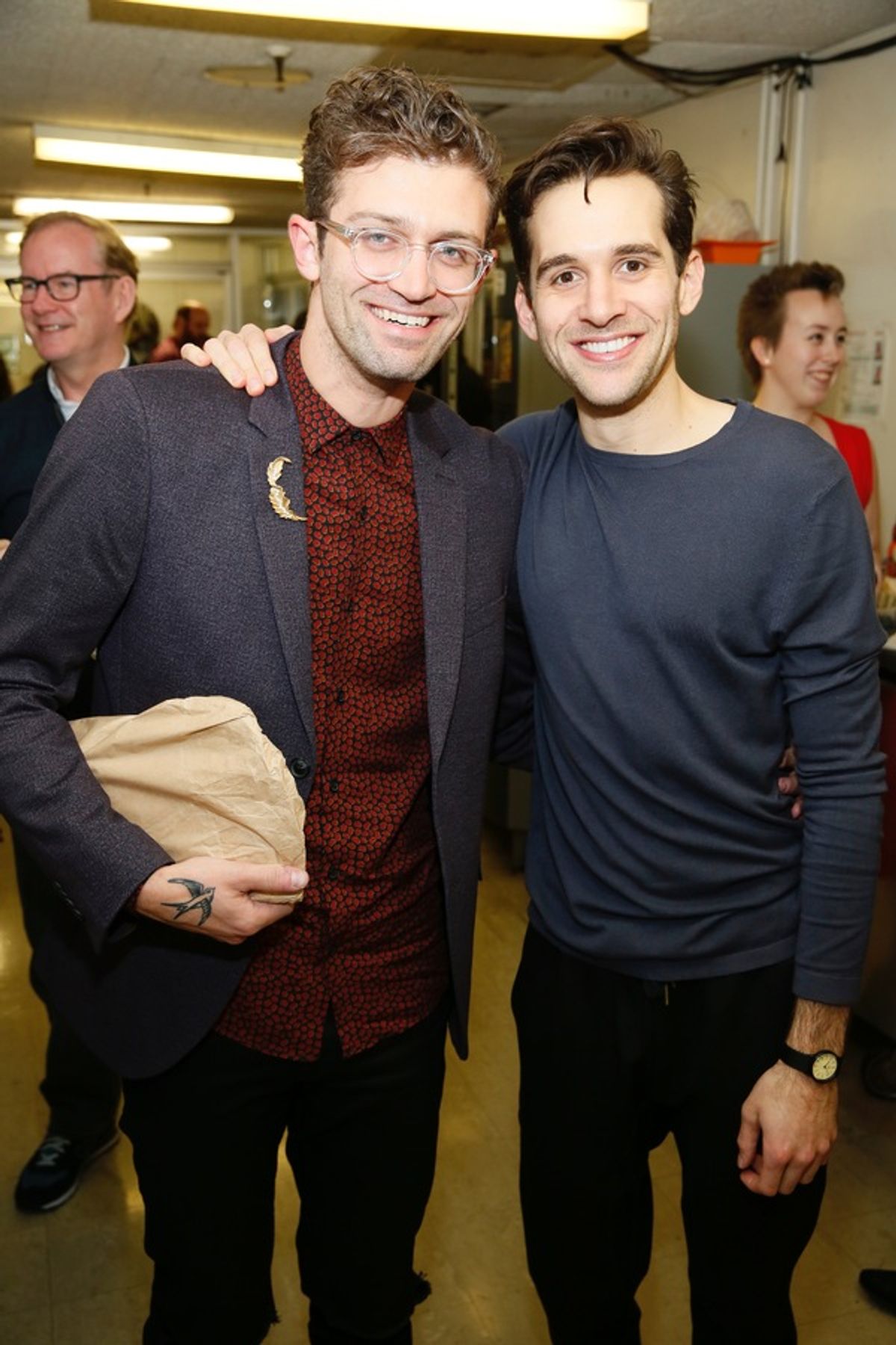 From left, choreographer Sam Pinkleton and cast member Adam Chanler-Berat pose backstage after the opening night performance of 'AmÃ©lie, A New Musical' at Center Theatre Group/Ahmanson Theatre on Friday, December 16, 2016, in Los Angeles, California. (Ph at 