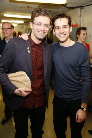 From left, choreographer Sam Pinkleton and cast member Adam Chanler-Berat pose backstage after the opening night performance of "Amélie, A New Musical" at Center Theatre Group/Ahmanson Theatre on Friday, December 16, 2016, in Los Angeles, California. (Ph @ BroadwayWorld From left, choreographer Sam Pinkleton and cast member Adam Chanler-Berat pose backst Photo