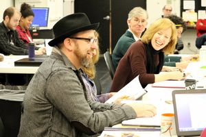 Kristian Bush, Playwright Janece Shaffer,  Susan V. Booth, and Stage Manager Bret Tor Photo