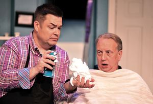 Nick O'Brien (Jeff Stockberger), right, watches as Tony Whitcomb (Daniel Klingler) fills his hand with shaving cream as he prepares to give Nick a shave @ BroadwayWorld Nick O'Brien (Jeff Stockberger), right, watches as Tony Whitcomb (Daniel Klingler) fi Photo